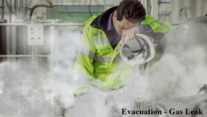 Evacuation - Gas Leak. Man in high vis surrounded by smoke or gas